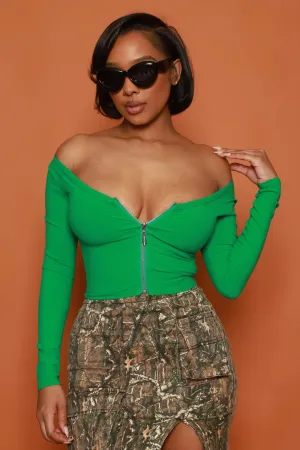 Act Like That Full Zip Crop Top - Green