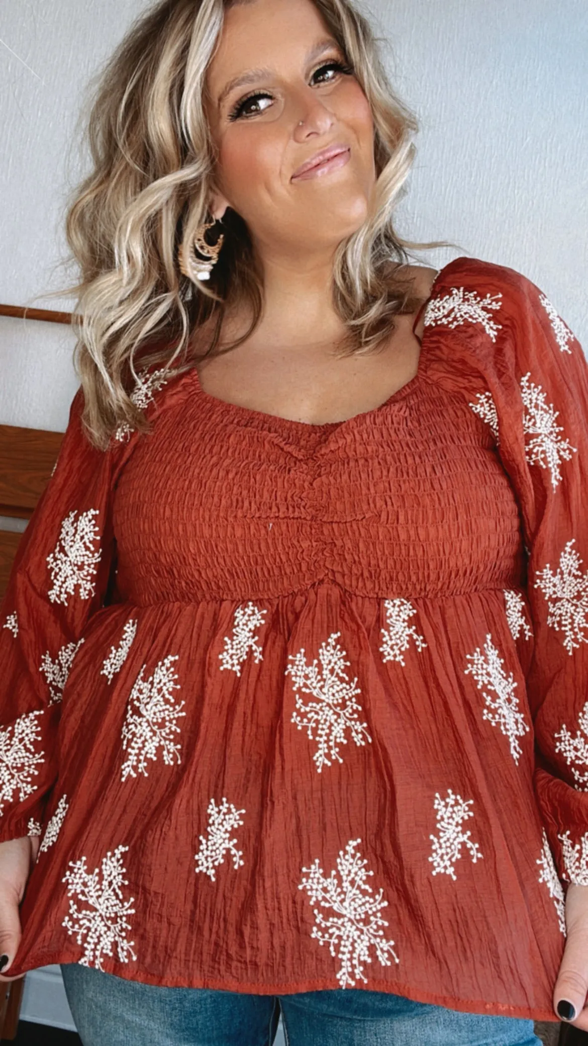 All About Details Embroidered Smocked Blouse, Rust