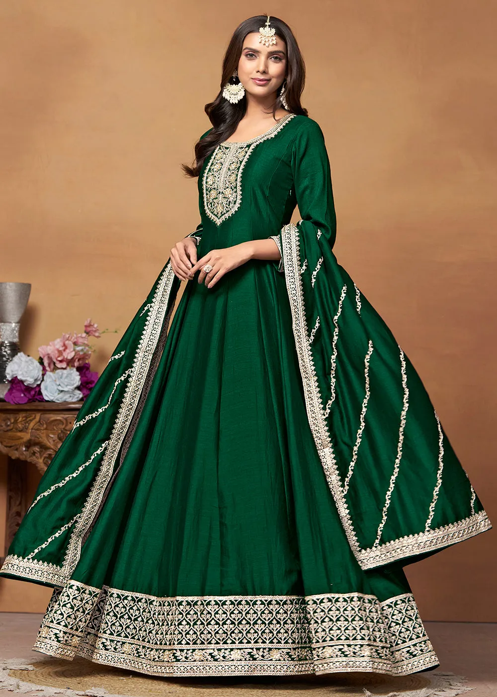 Amazing Art Silk Green Embroidered Festive Anarkali Suit