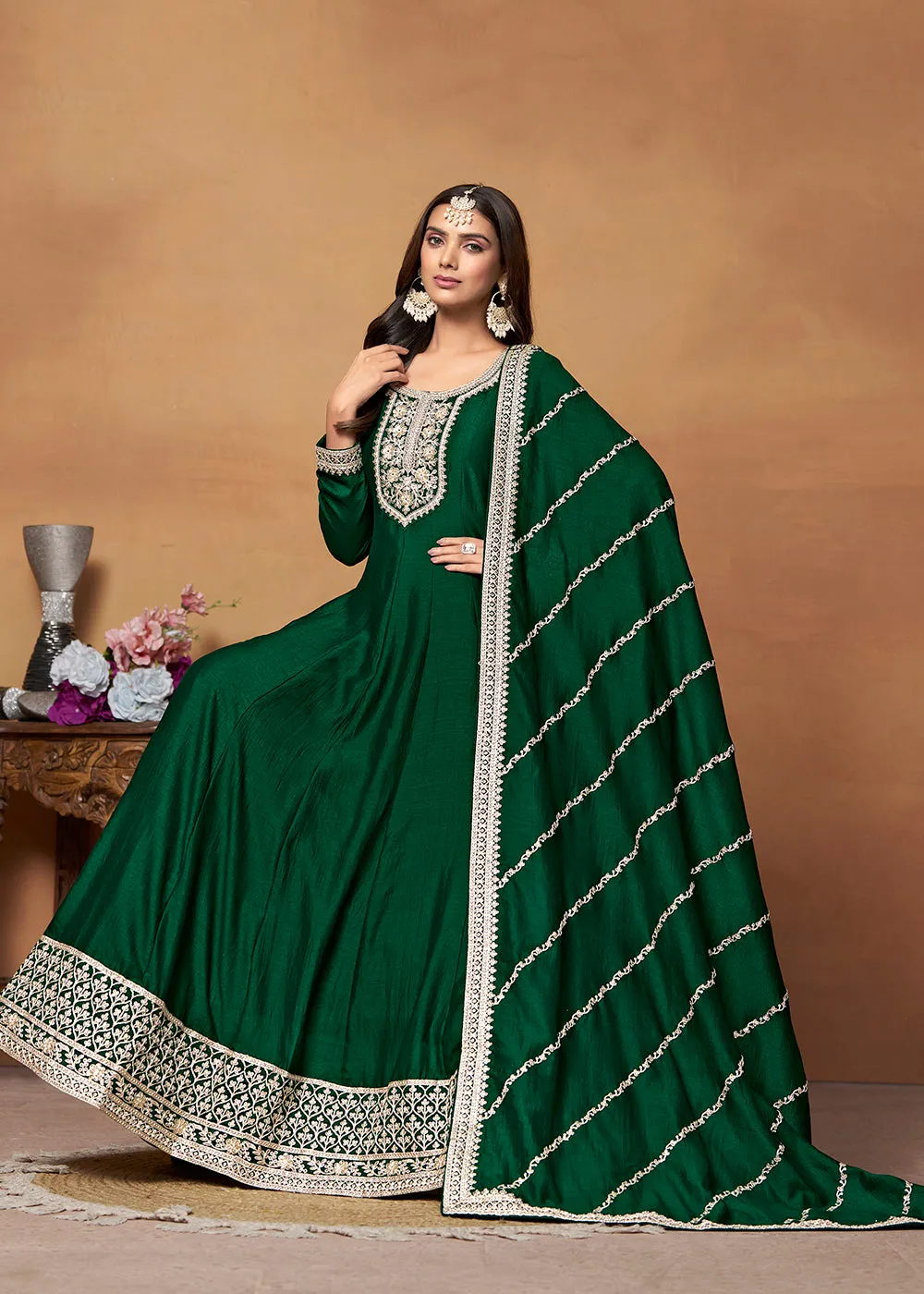 Amazing Art Silk Green Embroidered Festive Anarkali Suit