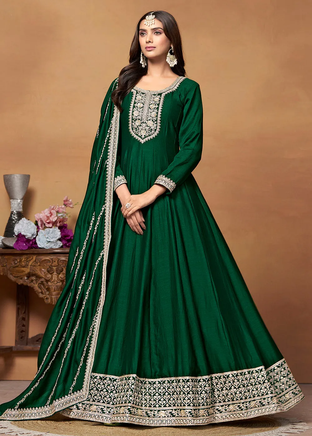 Amazing Art Silk Green Embroidered Festive Anarkali Suit