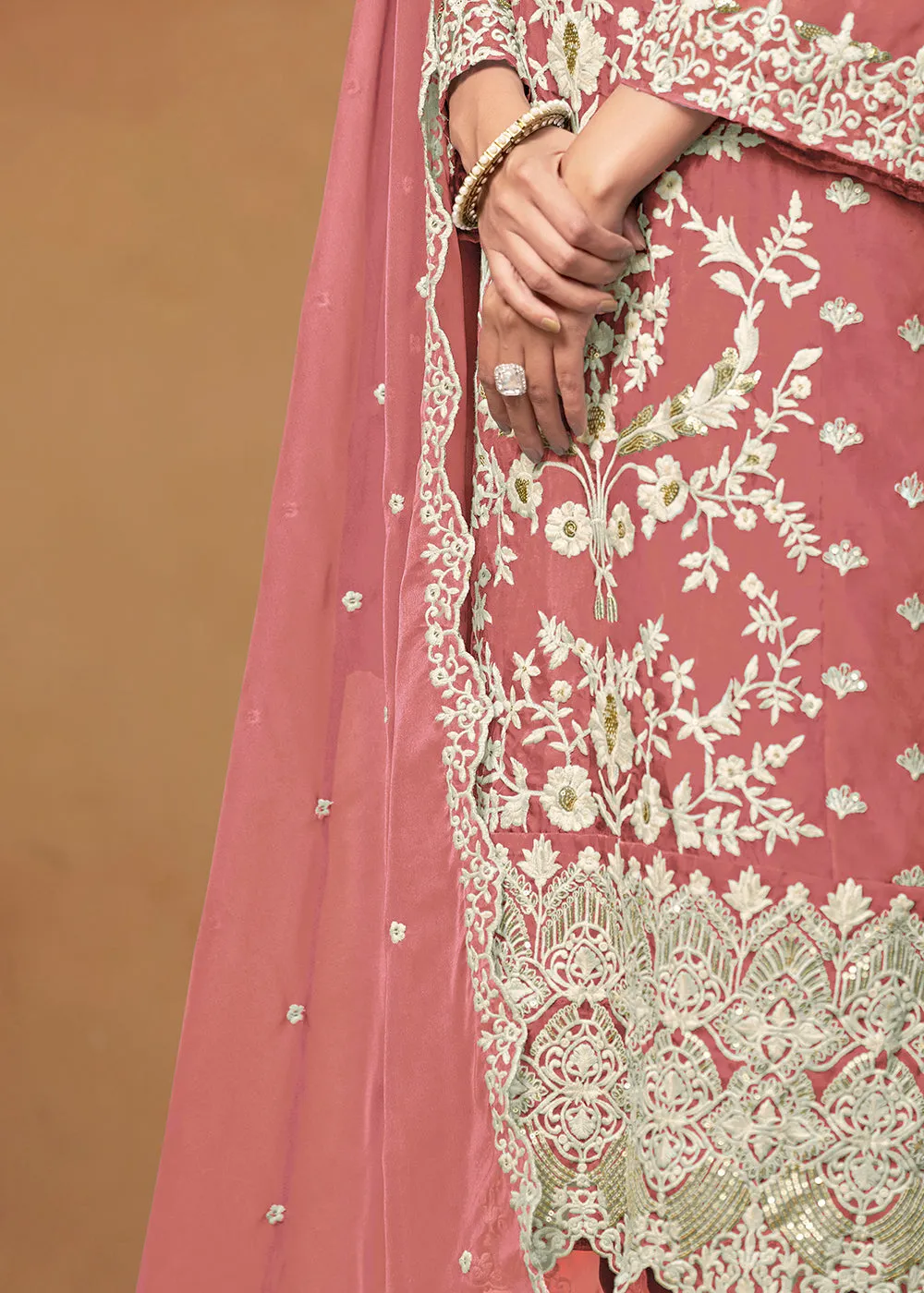 Amazing Pink Organza Embroidered Designer Salwar Suit