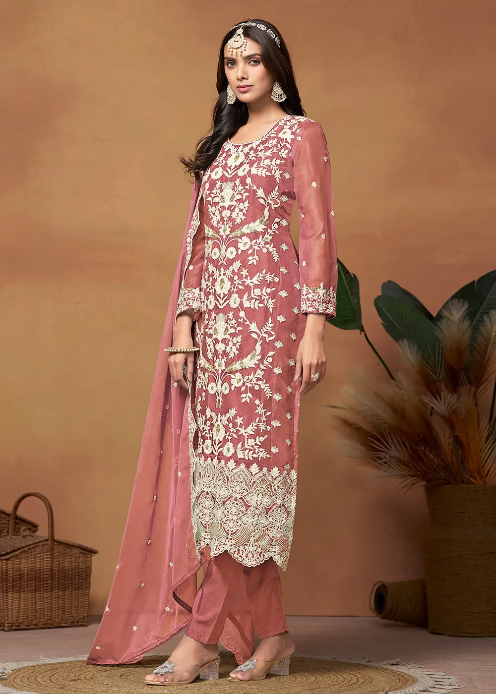 Amazing Pink Organza Embroidered Designer Salwar Suit