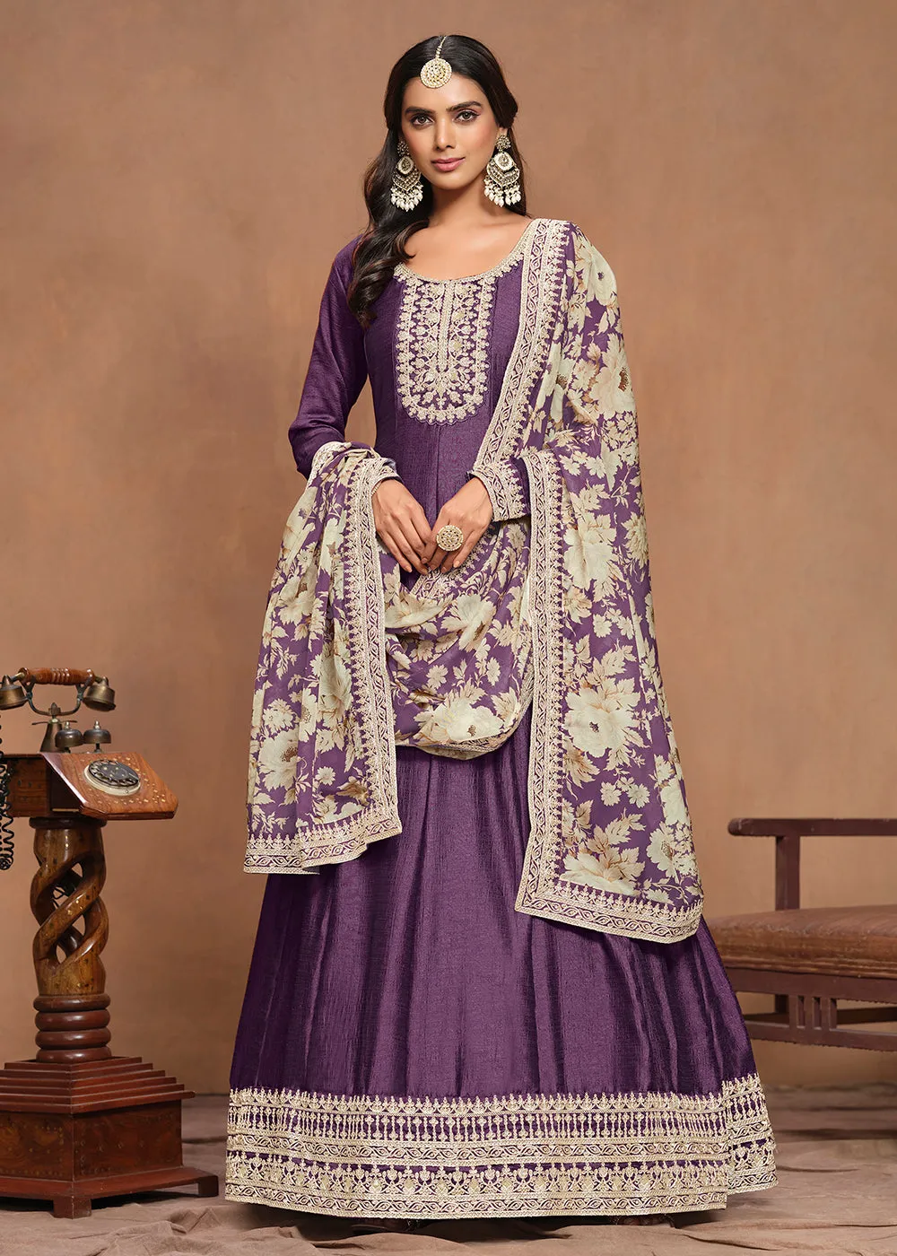 Art Silk Purple Embroidered Wedding Anarkali Gown