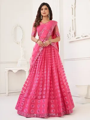 Astonishing Pink Sequins Net Reception Wear Wear Lehenga Choli