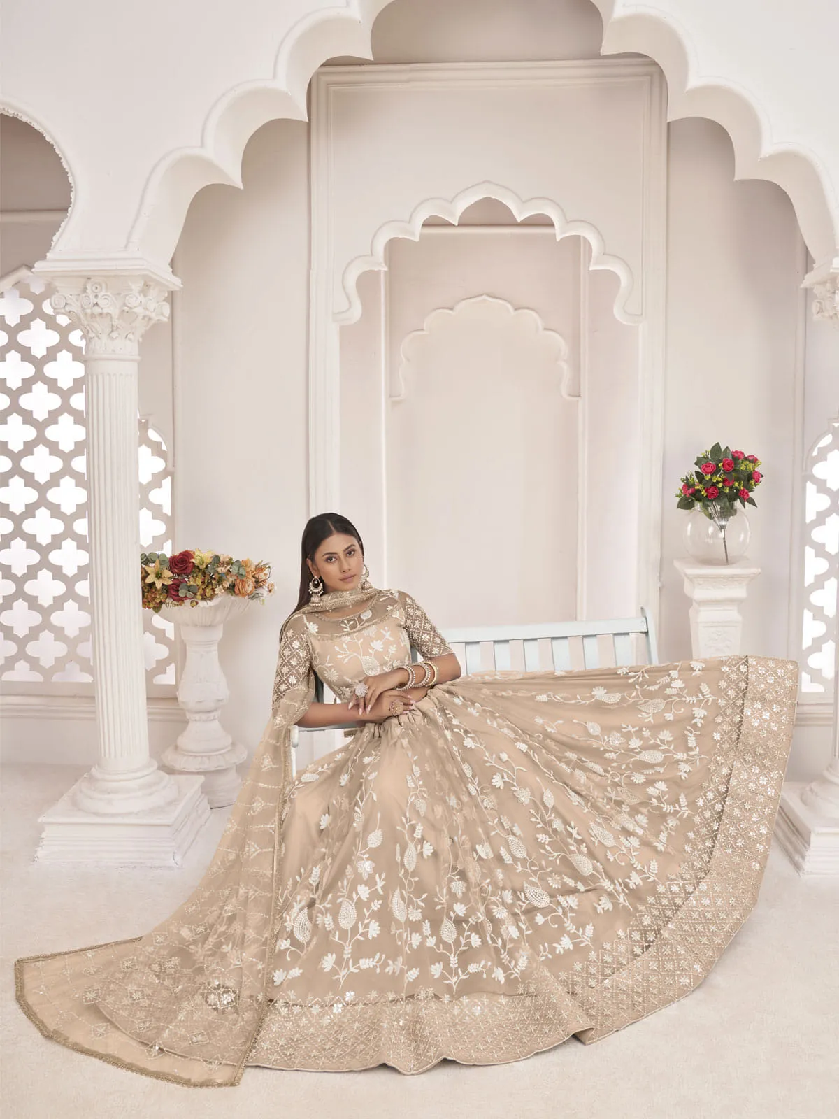 Beige Brown Traditional Embroidered Wedding Lehenga Choli