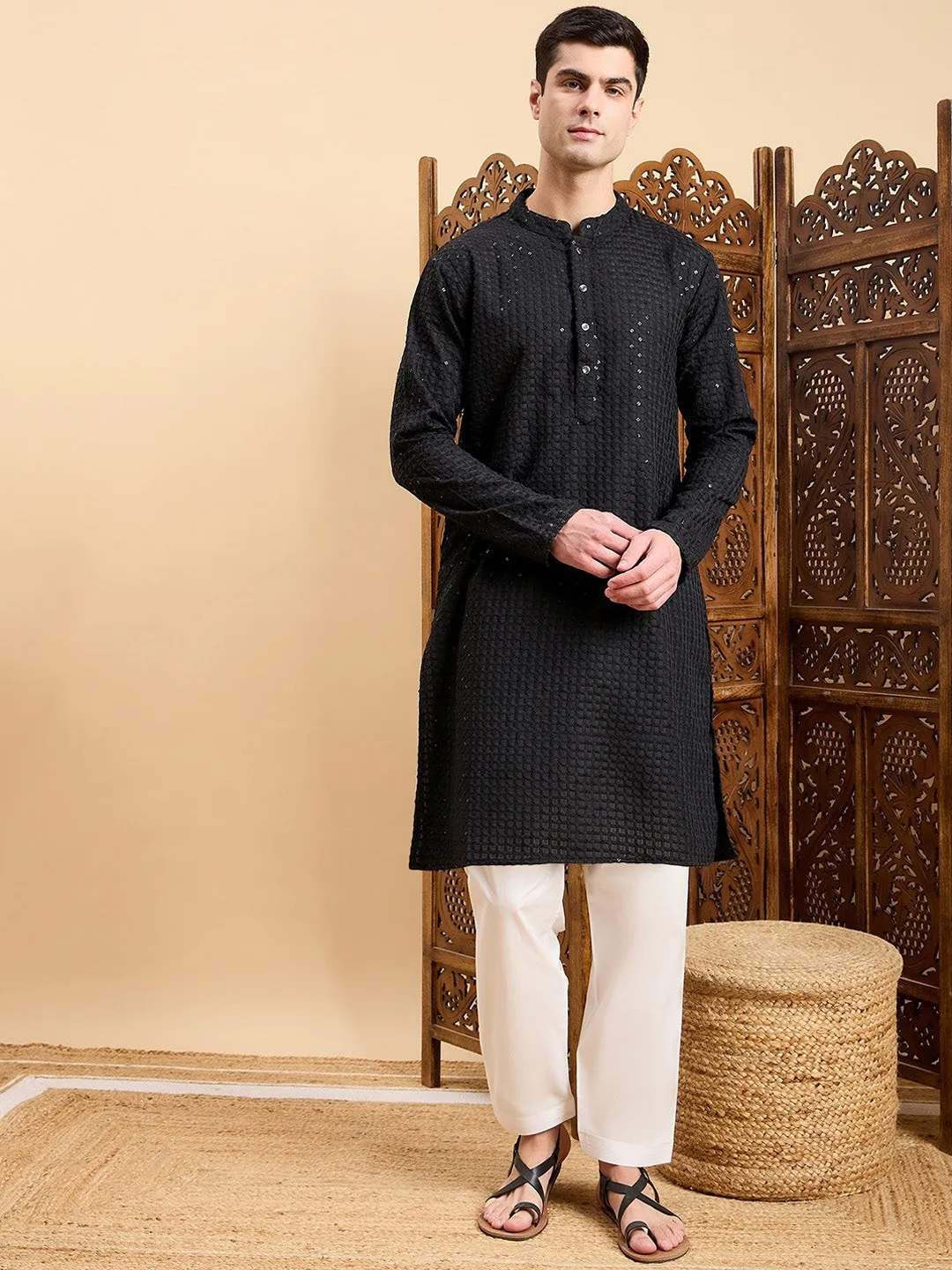 Black Checked Embroidered Mandarin Collar Straight Kurta