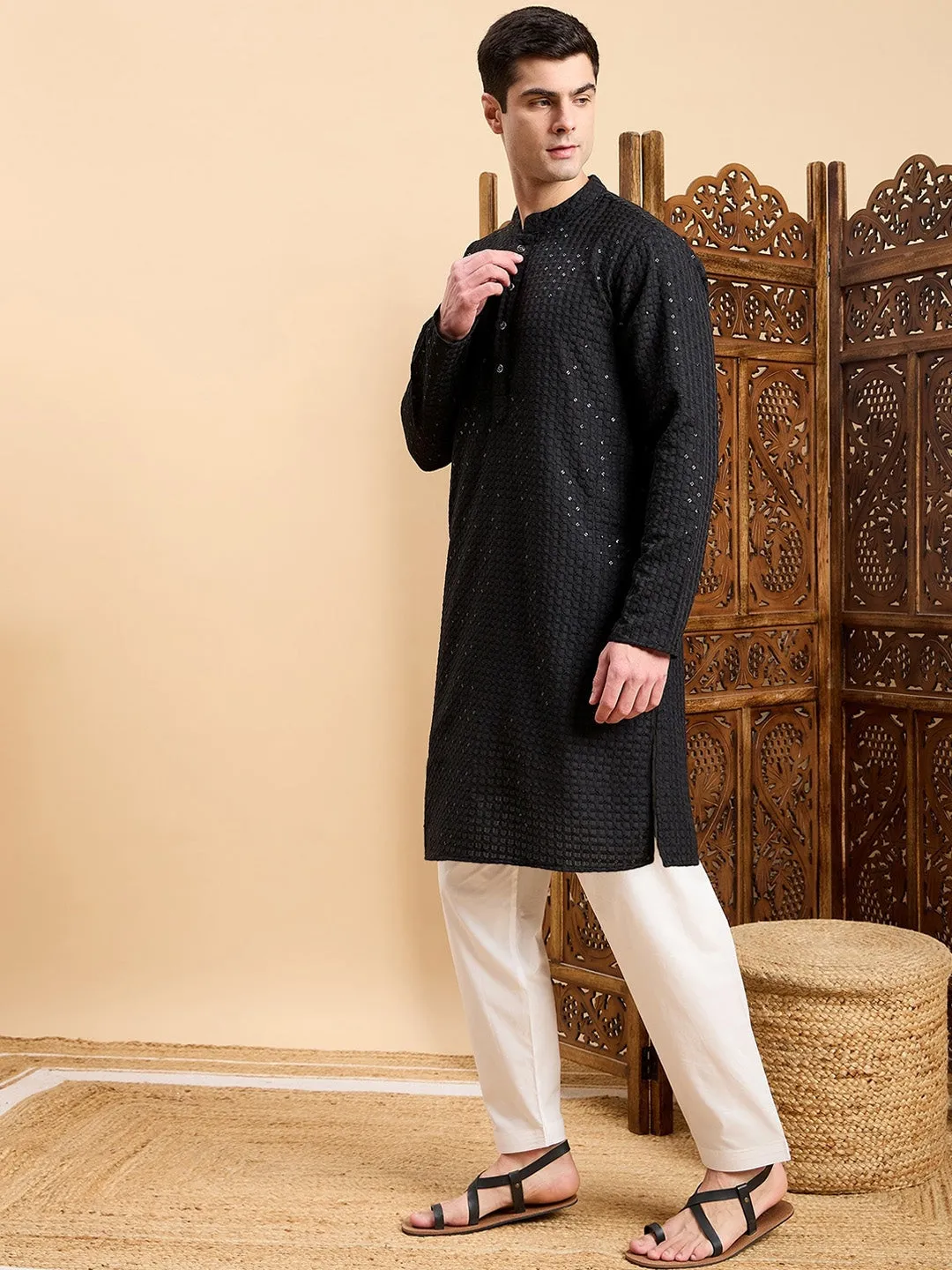 Black Checked Embroidered Mandarin Collar Straight Kurta