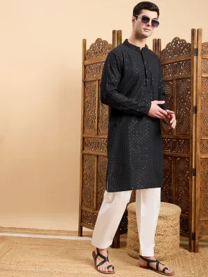 Black Checked Embroidered Mandarin Collar Straight Kurta