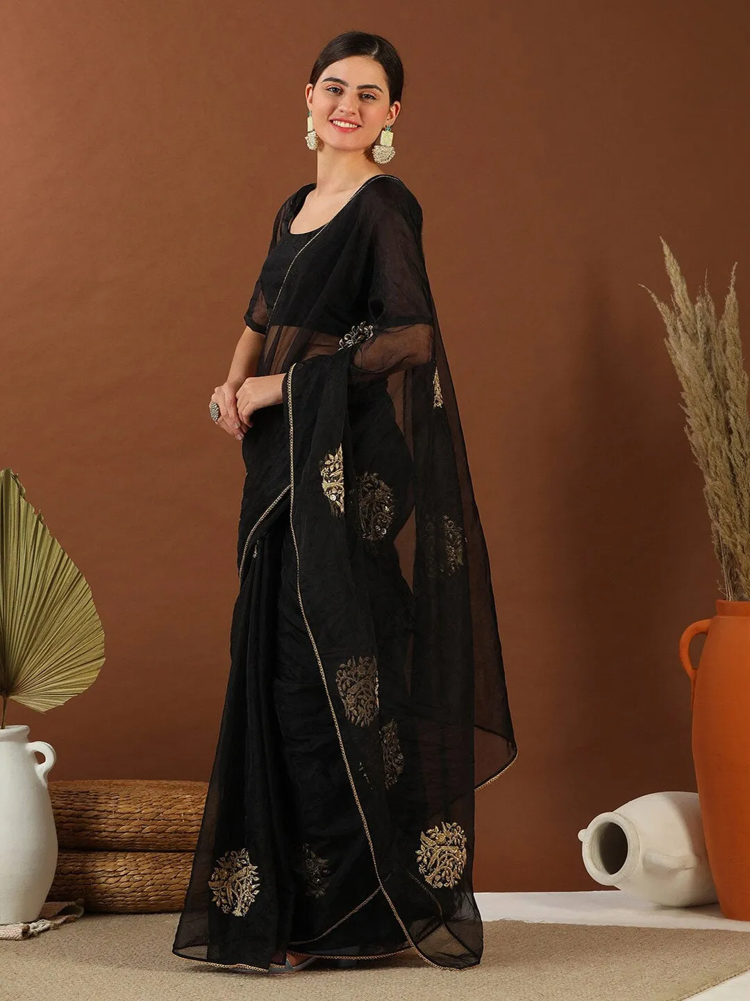 Black Ethnic Motifs Zari Organza Saree