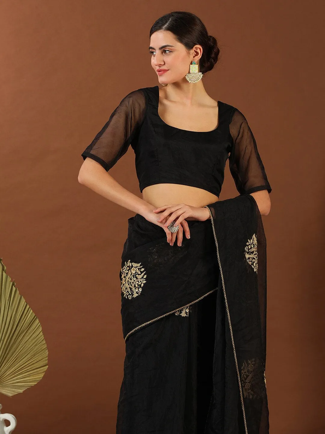 Black Ethnic Motifs Zari Organza Saree