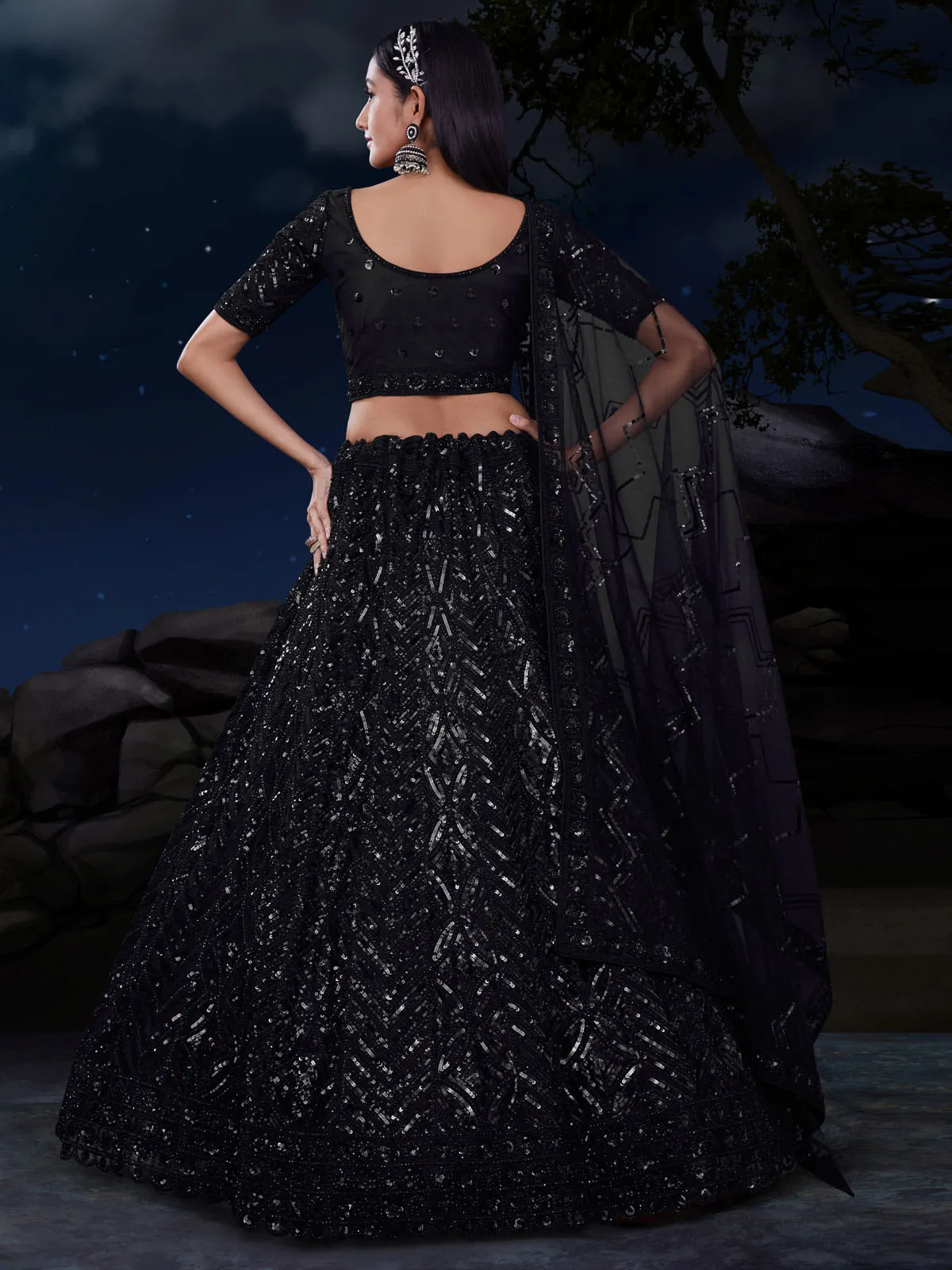 Black Net Embroidered Lehenga Choli