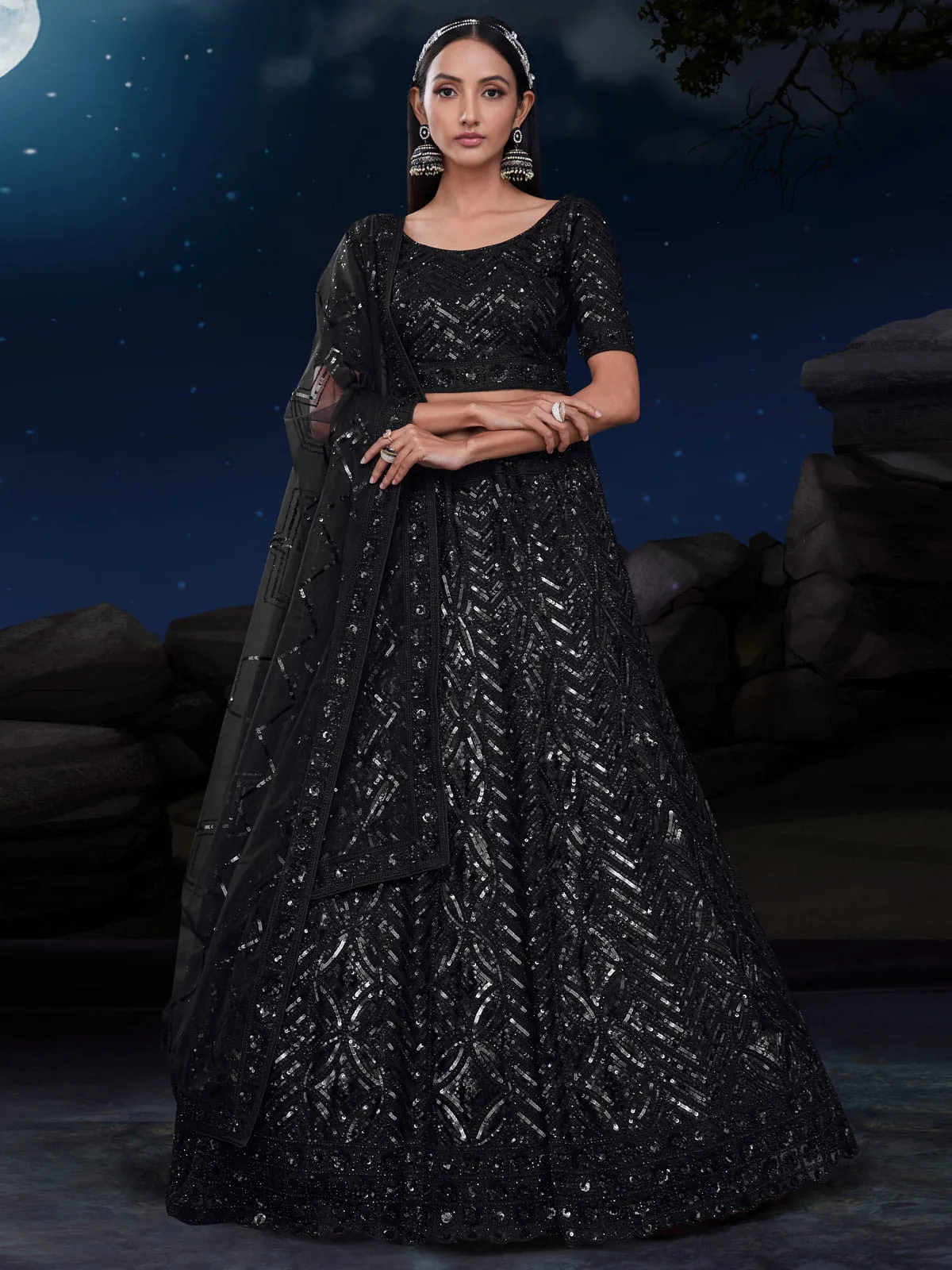 Black Net Embroidered Lehenga Choli