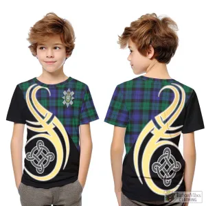 Black Watch Modern Tartan Kid T-Shirt with Family Crest and Celtic Symbol Style