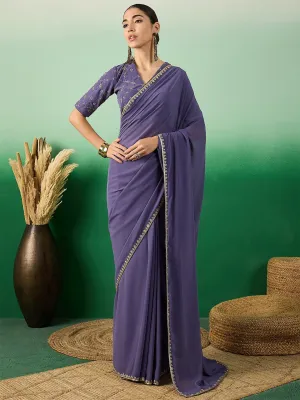 Blue Solid Zari Poly Georgette Saree