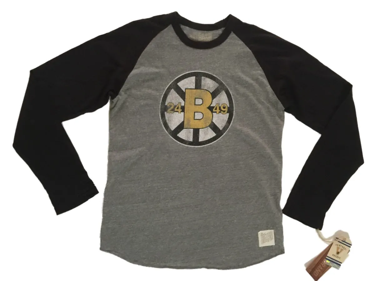 Boston Bruins Retro Brand Gray Black Long Sleeve Tri-Blend Baseball T-Shirt