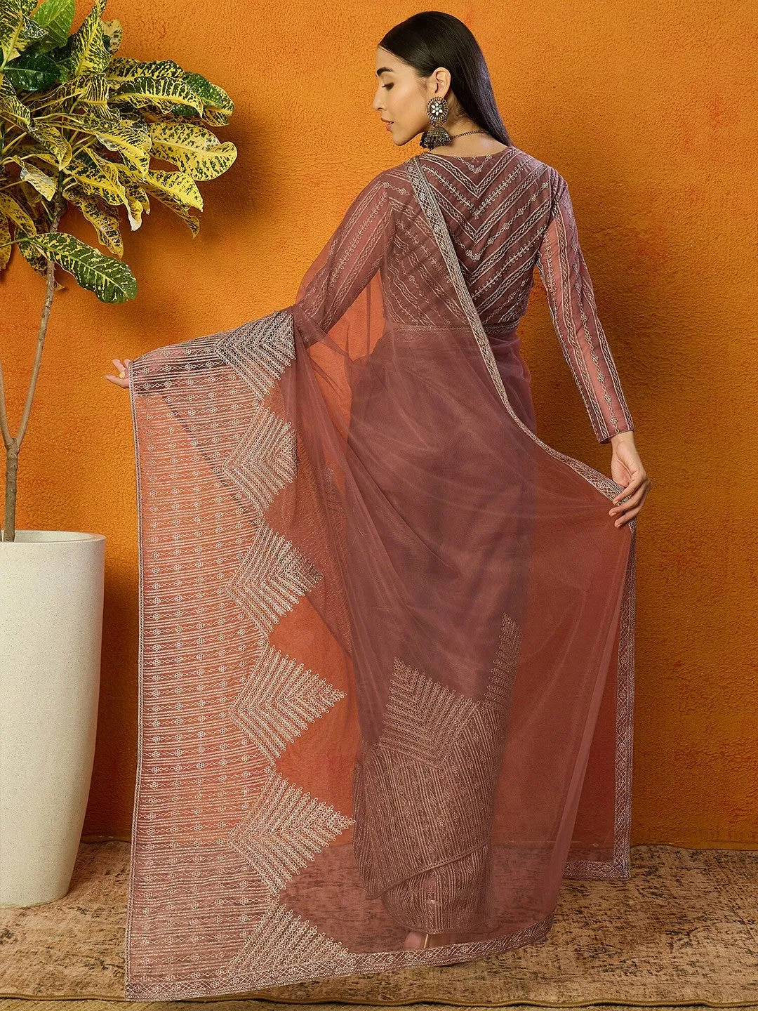 Brown Floral Net Embroidered Saree