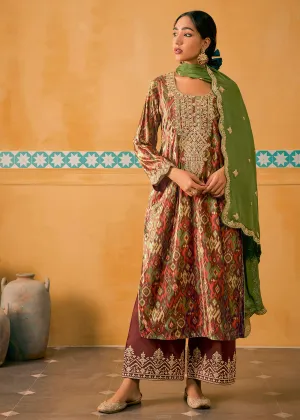 Brown Multicolor Digital Printed Embroidered Velvet Salwar Suit