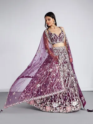 Burgundy Net Sequins and thread embroidery Semi-Stitched Lehenga choli and Dupatta