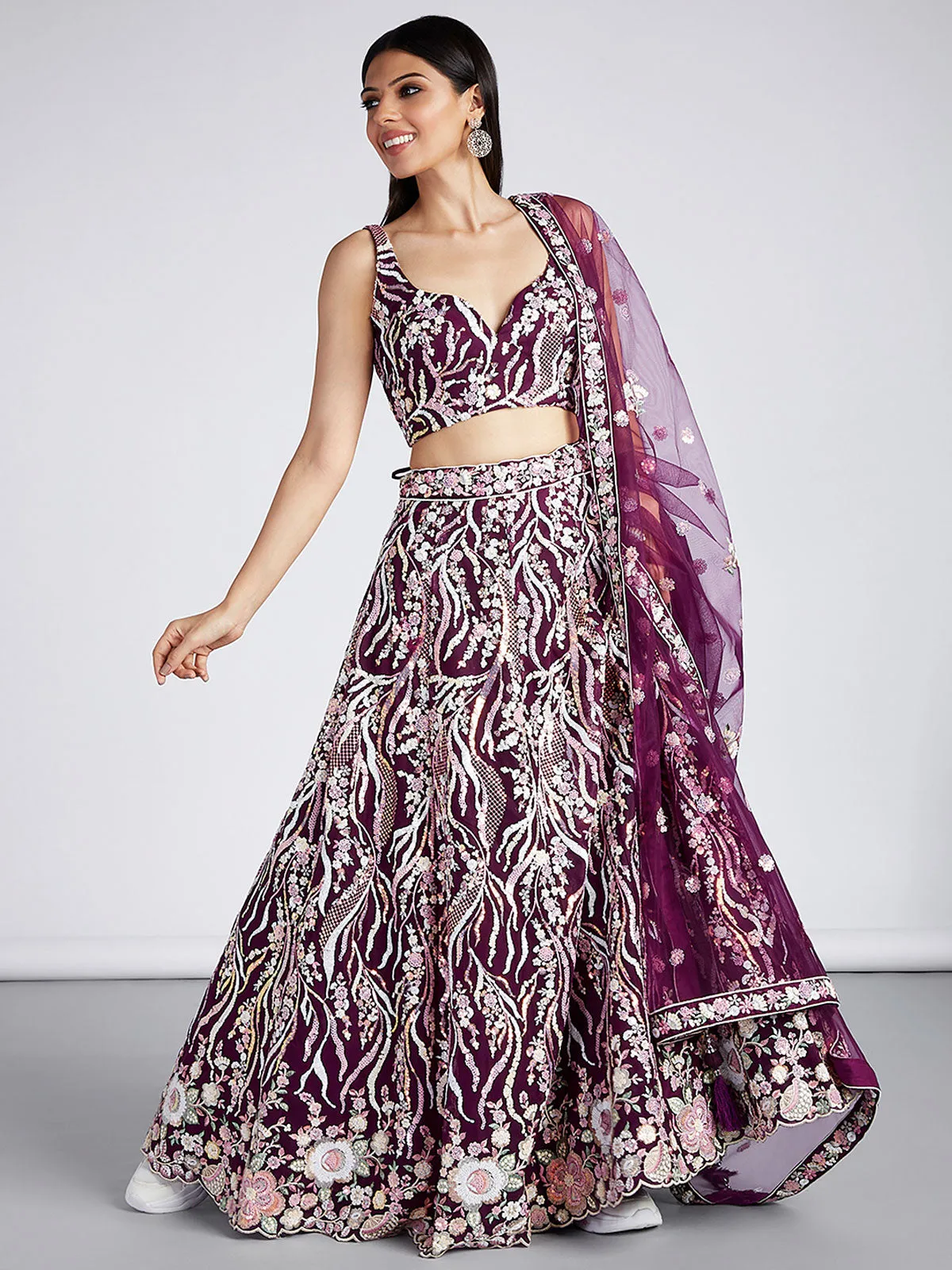 Burgundy Net Sequins and thread embroidery Semi-Stitched Lehenga choli and Dupatta