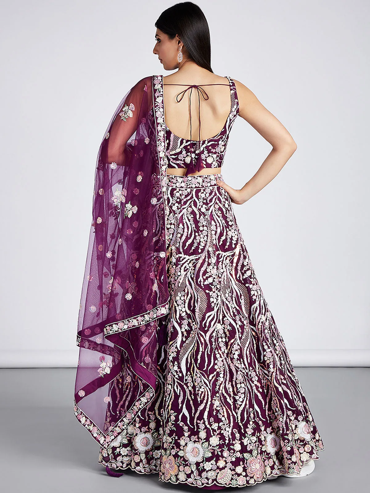 Burgundy Net Sequins and thread embroidery Semi-Stitched Lehenga choli and Dupatta