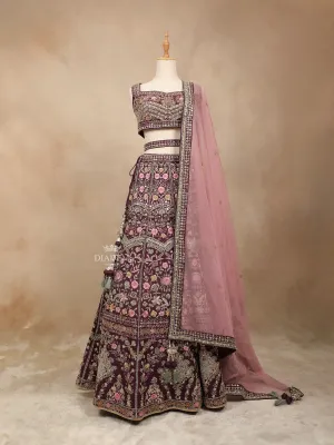 Burgundy Silk Lehenga Adorned with Threadwork Embroidery and Mirror Work, Paired with Dupatta and Waist Belt