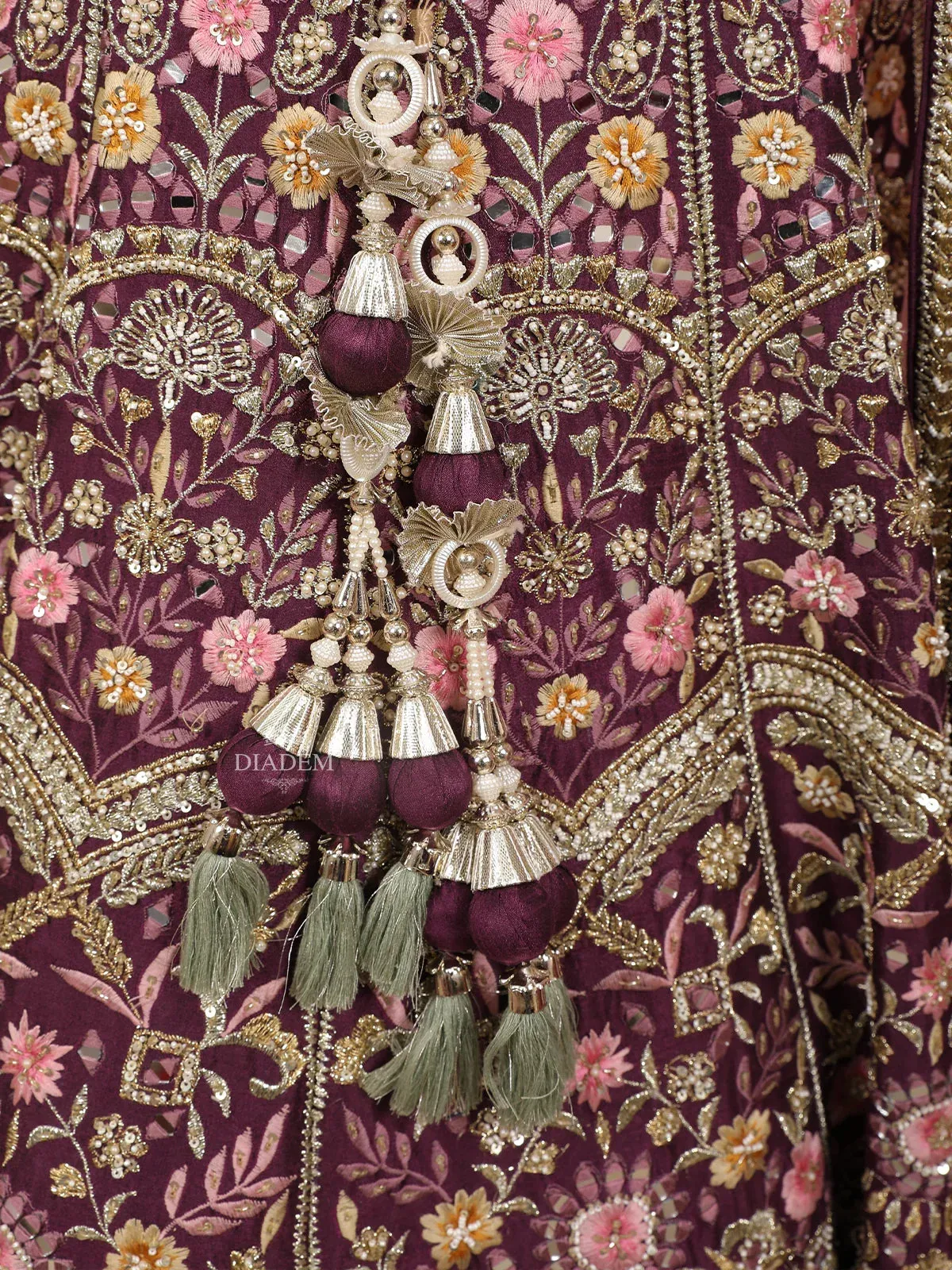 Burgundy Silk Lehenga Adorned with Threadwork Embroidery and Mirror Work, Paired with Dupatta and Waist Belt