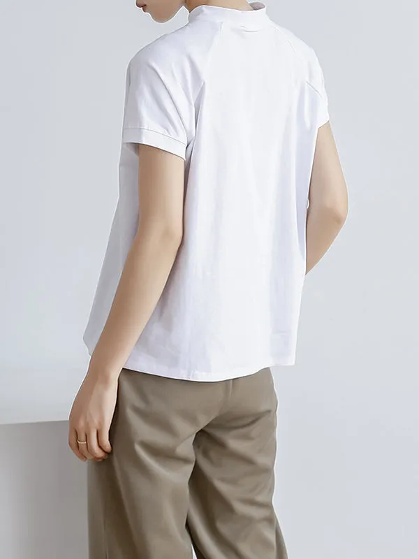 Casual Short Sleeves Loose Solid Color Stand Collar T-Shirts Tops