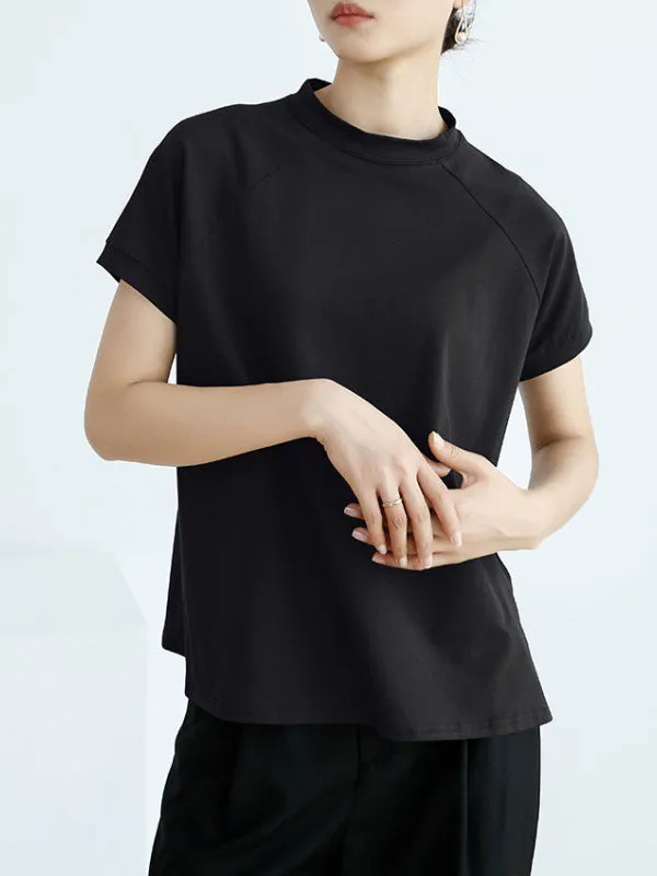 Casual Short Sleeves Loose Solid Color Stand Collar T-Shirts Tops