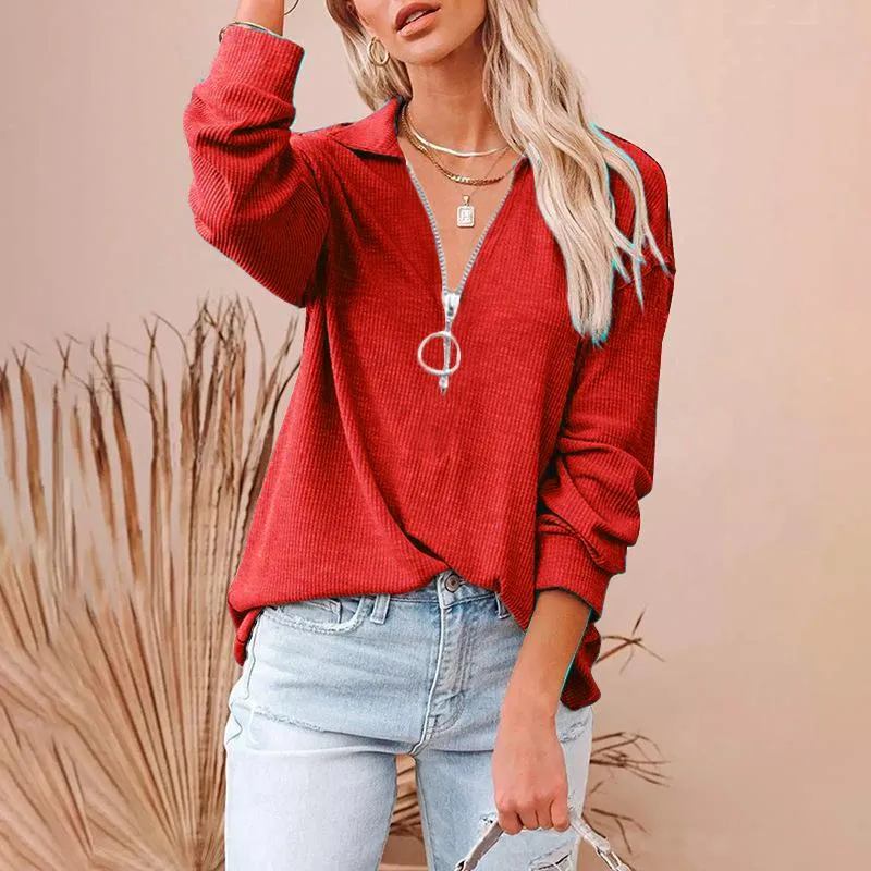 Casual solid color loose zipper V-neck long-sleeved large size loose threaded T-shirt