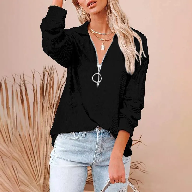 Casual solid color loose zipper V-neck long-sleeved large size loose threaded T-shirt