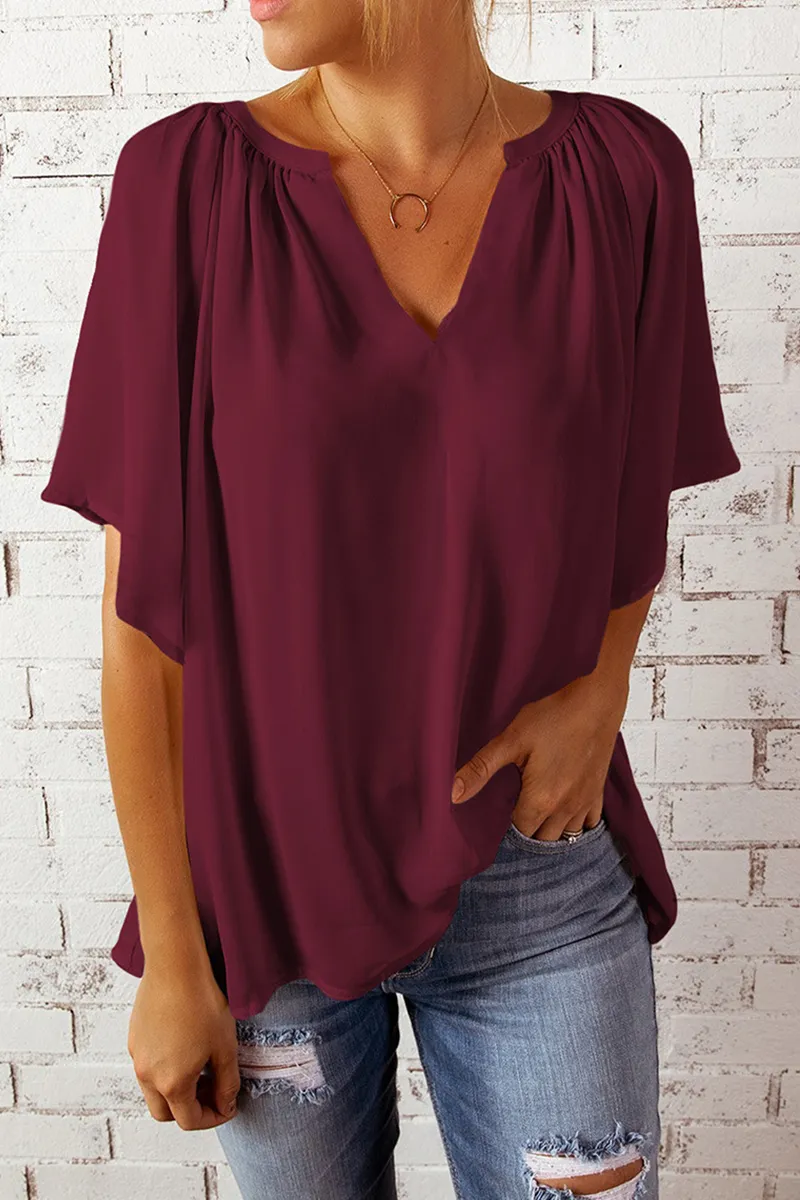 Casual Solid Patchwork V Neck T-Shirts(6 Colors)