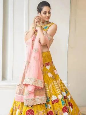 Chrome Yellow Lehenga Embellished in Floral Threads and Gota Patti with Zari Embroidery Dupatta