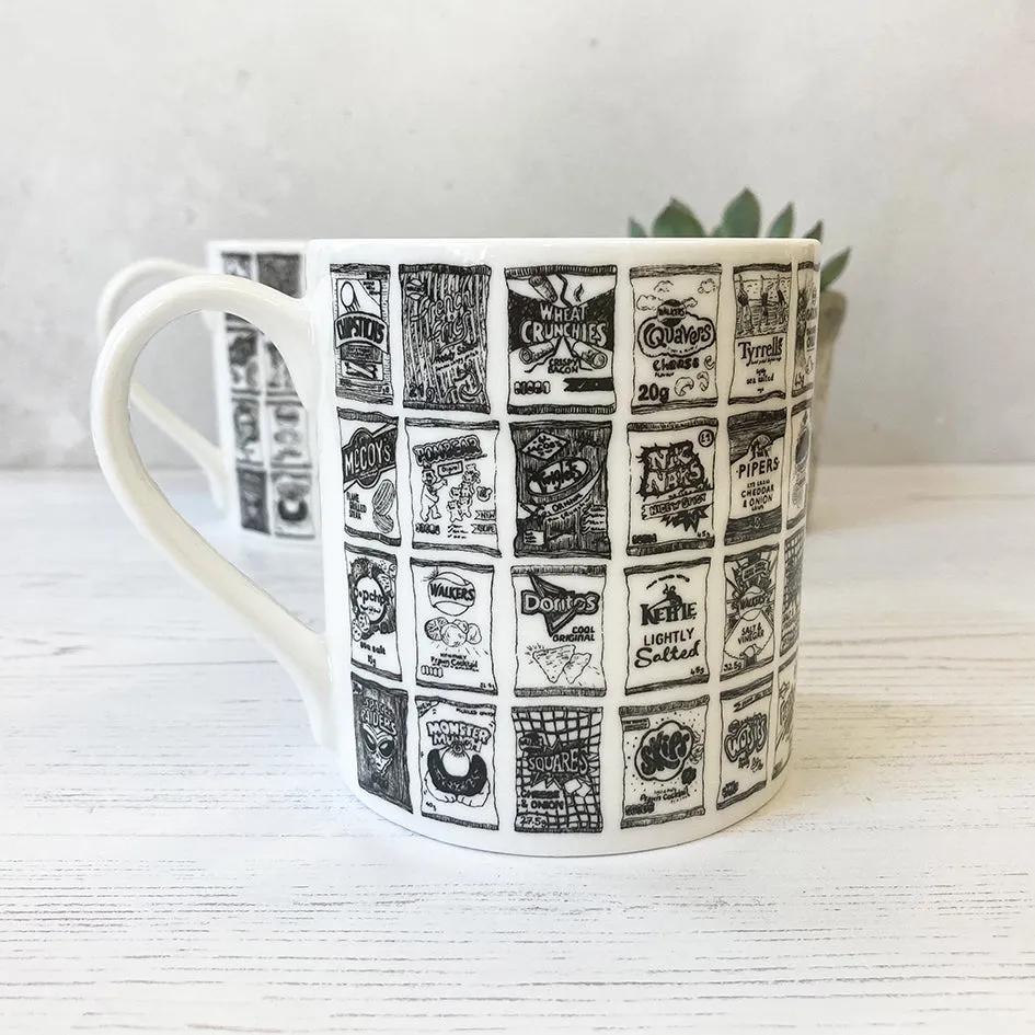 Crisp packets illustrated black and white mug