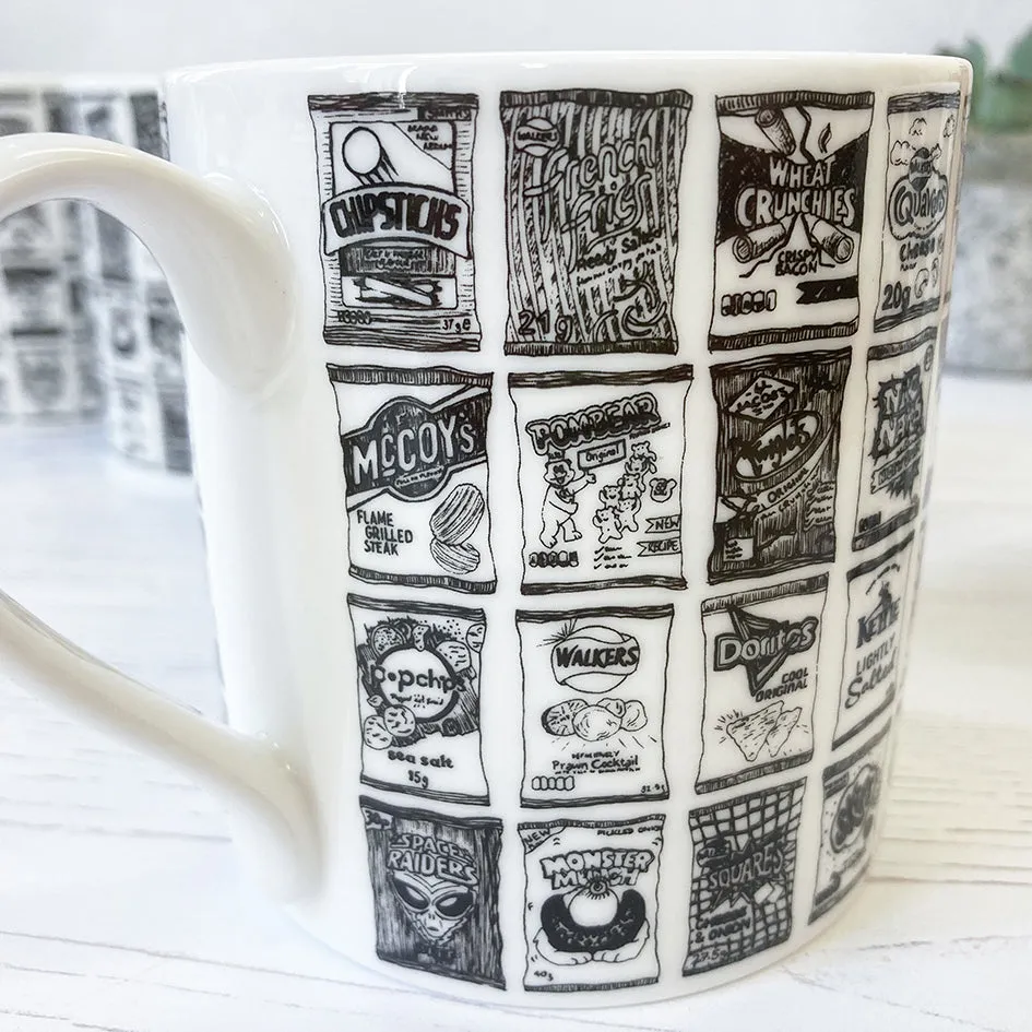 Crisp packets illustrated black and white mug