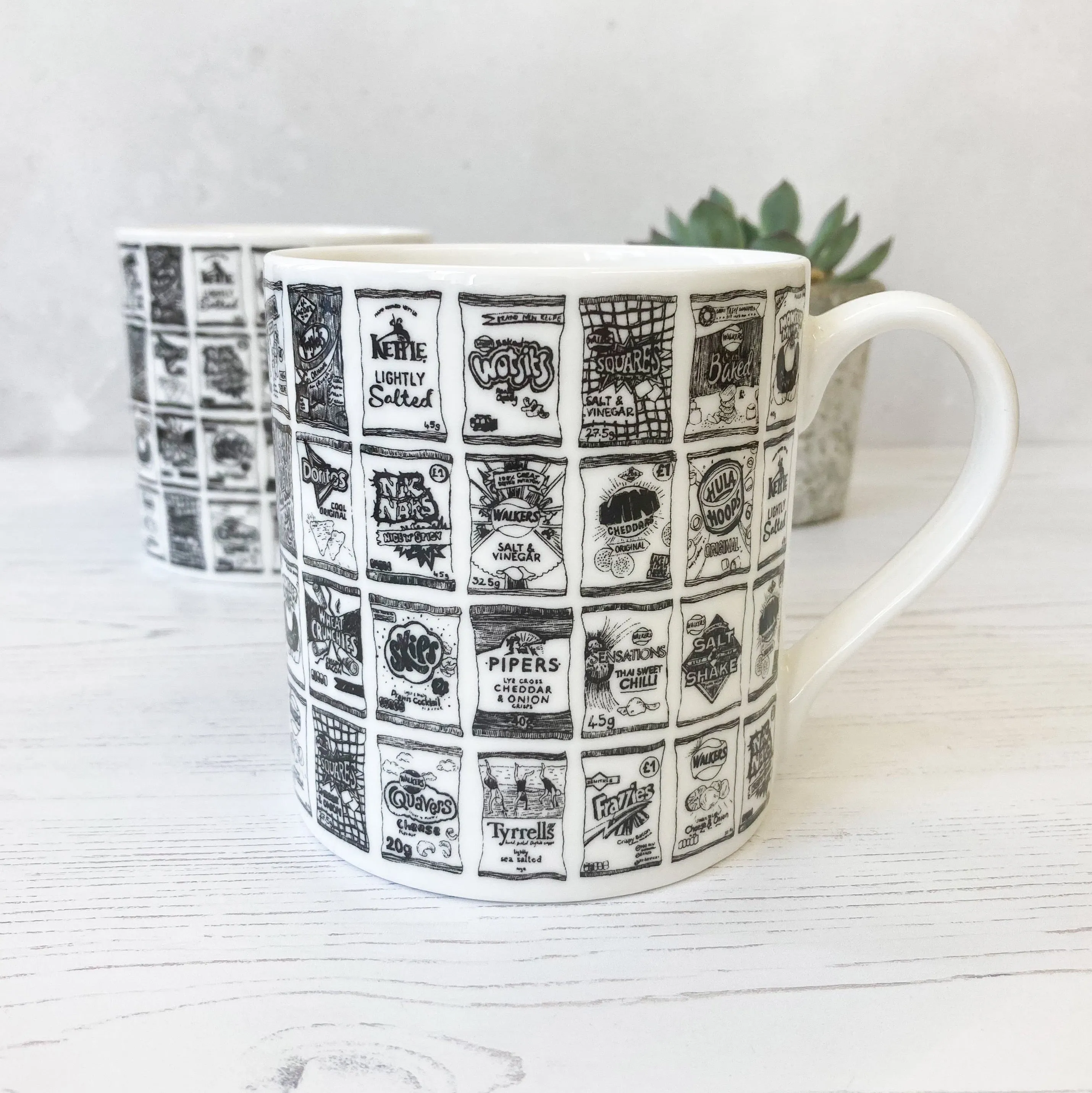 Crisp packets illustrated black and white mug