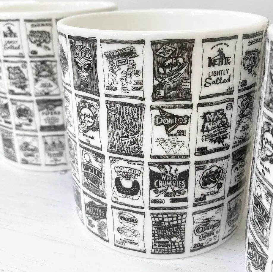 Crisp packets illustrated black and white mug