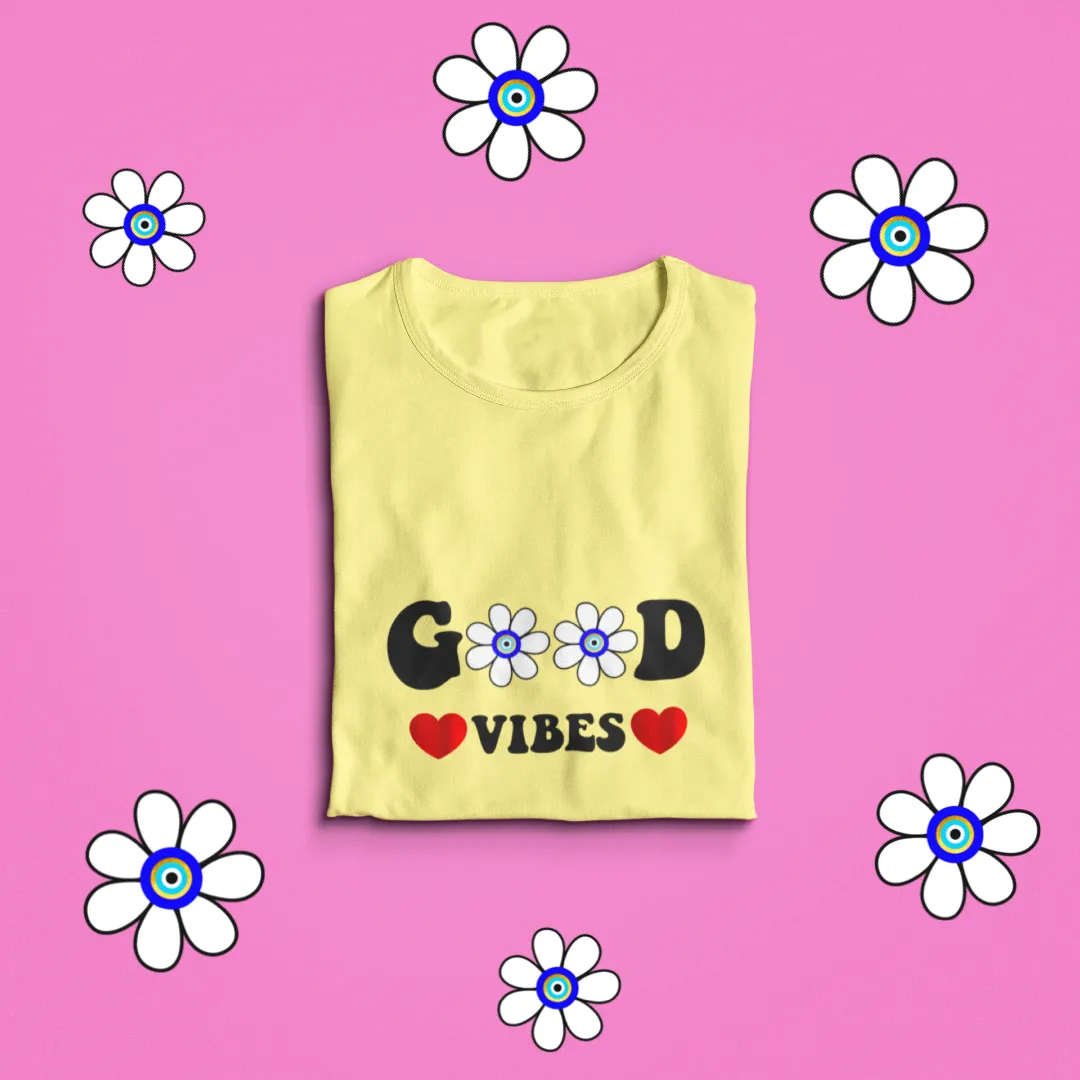 Sure! Heres an optimized title for the e-commerce product:

Trendy Floral Good Vibes Graphic T-Shirt for Women