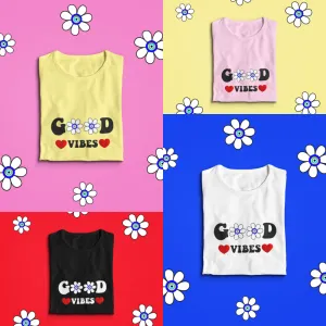 Sure! Heres an optimized title for the e-commerce product:

Trendy Floral Good Vibes Graphic T-Shirt for Women