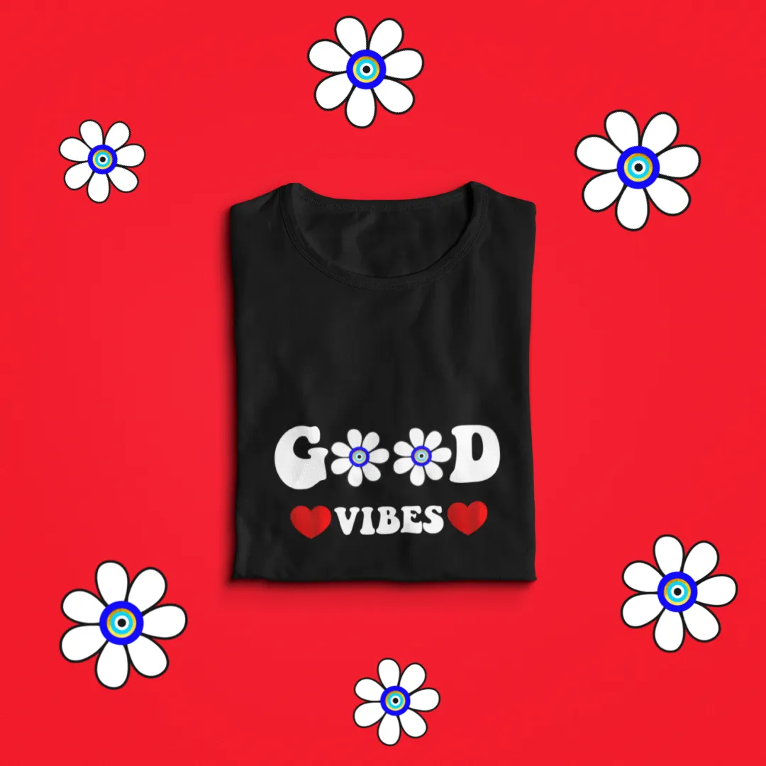 Sure! Heres an optimized title for the e-commerce product:

Trendy Floral Good Vibes Graphic T-Shirt for Women