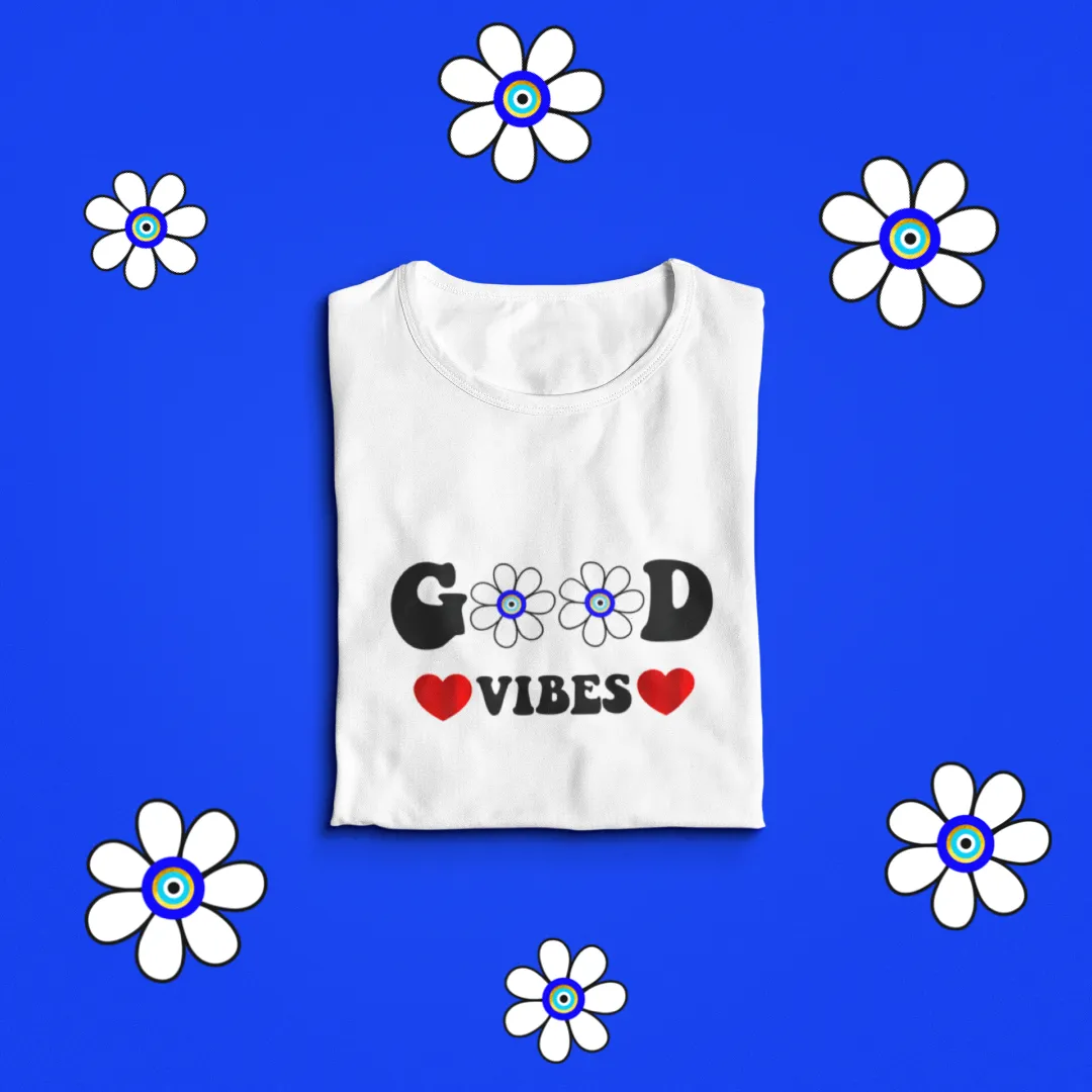 Sure! Heres an optimized title for the e-commerce product:

Trendy Floral Good Vibes Graphic T-Shirt for Women