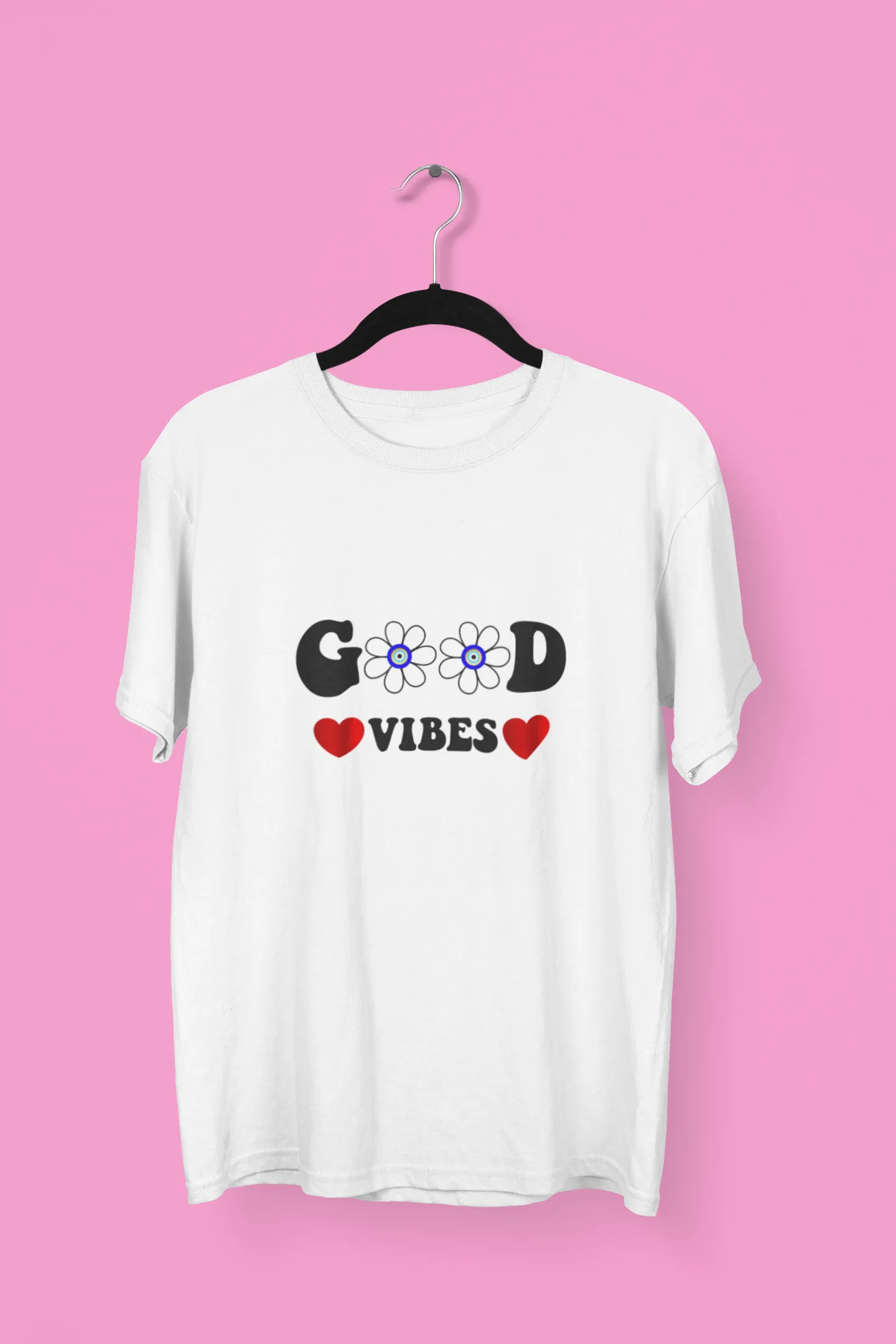 Sure! Heres an optimized title for the e-commerce product:

Trendy Floral Good Vibes Graphic T-Shirt for Women