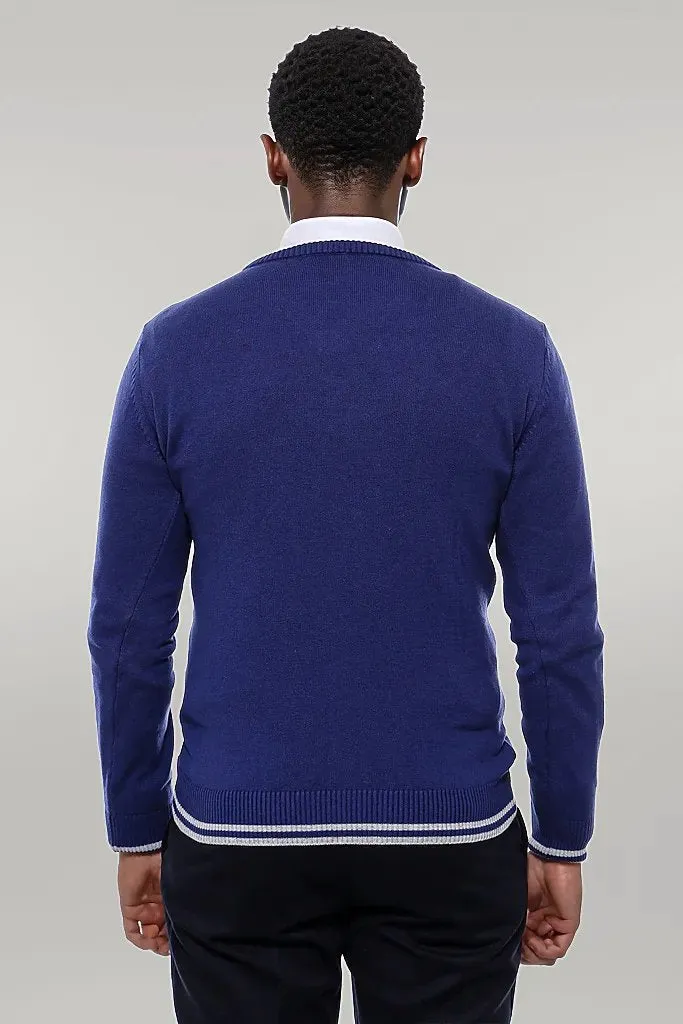 Dark Blue V Neck Slim Fit Sweater - Wessi