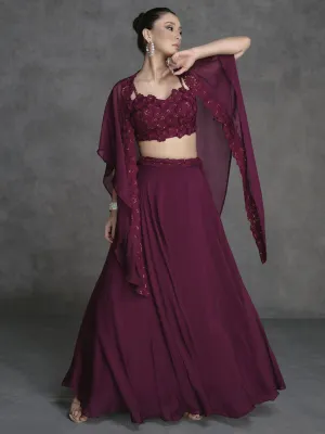 Deep Wine Appliqué Embroidered Cape Style Lehenga