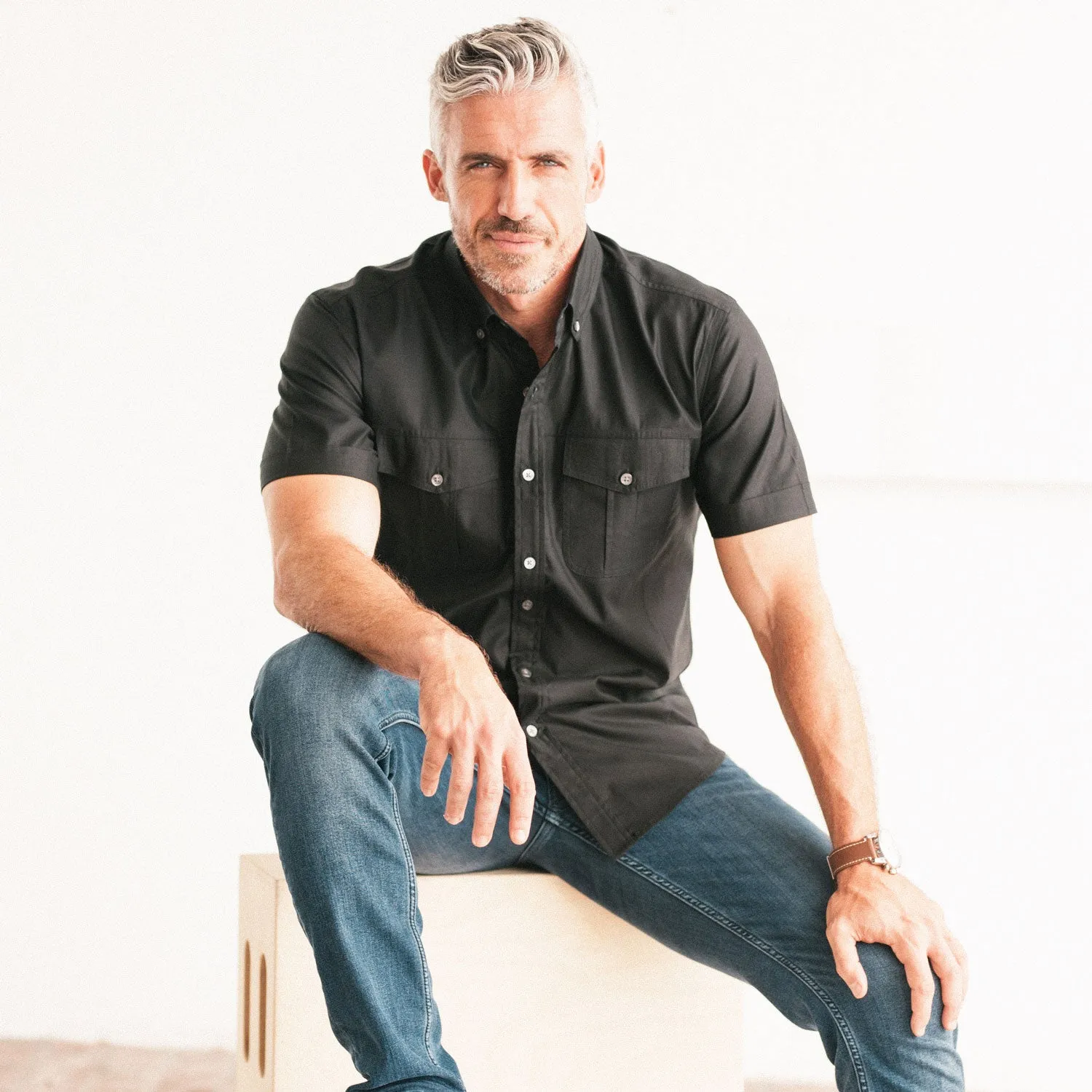 Editor Short Sleeve Utility Shirt – Pure Black Mercerized Cotton