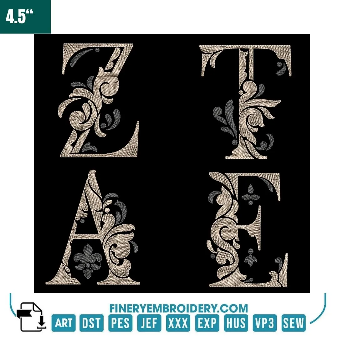 Elegant Floral Alphabet Embroidery Pack – 4.5" Decorative Lettering for Luxurious Monograms