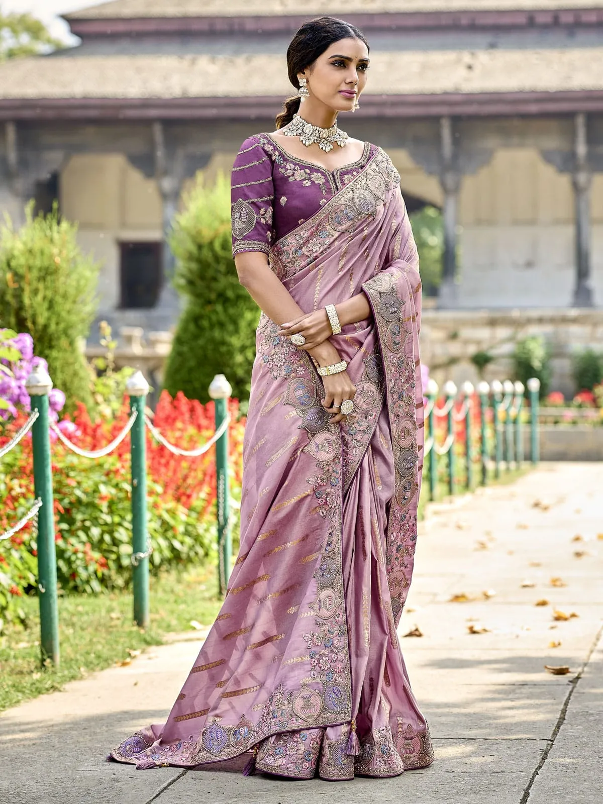 elegant gadwal silk saree in oriental pink with embroidery