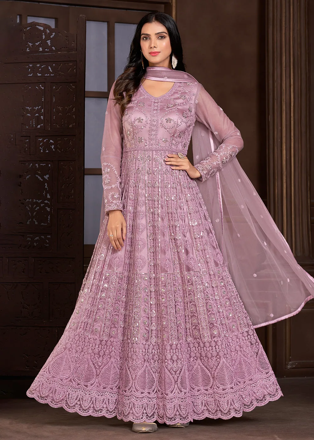 Elegant Pink Butterfly Net Designer Anarkali Suit