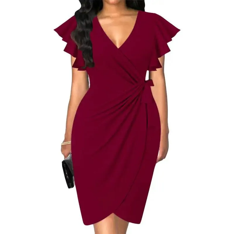 Elegant V-neck Pleated Bell Sleeve Dress