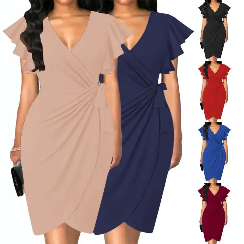 Elegant V-neck Pleated Bell Sleeve Dress